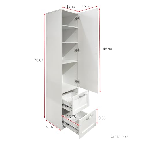 roomfitters Kitchen Pantry Storage Cabinet with 2 Drawers Tall Wooden Narrow Food Cupboard Bathroom Linen Tower, White