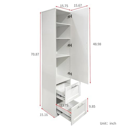 roomfitters Kitchen Pantry Storage Cabinet with 2 Drawers Tall Wooden Narrow Food Cupboard Bathroom Linen Tower, White