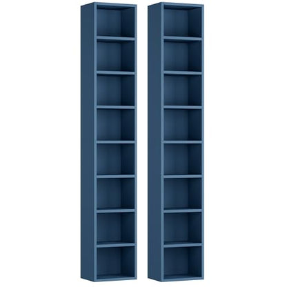 FOTOSOK 2 Pcs 71'' Tall Narrow Bookshelf, 8-Tier Media Tower Rack Set of 2 | CD DVD Storage Cabinet with Adjustable Shelves, Tall Narrow Bookcase Skinny Display Bookshelf Slim Shelf, Blue - color: Blue