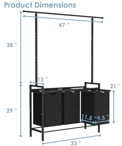Large Laundry Hamper with Clothes Rack Hanging Bar, 10 x 3 Gal Pull-Out & Removable Sorter Bags, Freestanding Laundry Basket Organizer for Bathroom, Bedroom and Laundry Room, Black