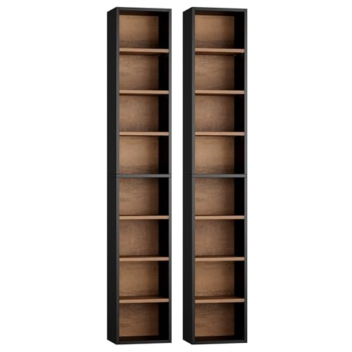 FOTOSOK 2 Pcs 71'' Tall Narrow Bookshelf, 8-Tier Media Tower Rack Set of 2 | CD DVD Storage Cabinet with Adjustable Shelves, Tall Narrow Bookcase Skinny Display Bookshelf Slim Shelf, Black/Brown - color: Black/Brown