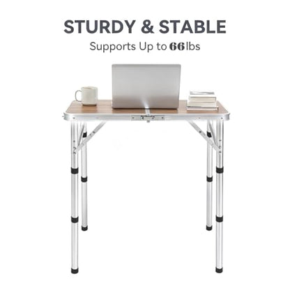 Small Folding Camping Table, 2ft Portable Picnic Table Aluminum 24" x 16" Folding Table, 3 Adjustable Heights Portable Lightweight Table Dining Table for RV, Picnic, Beach (Wood Pattern) - color: Wood Pattern