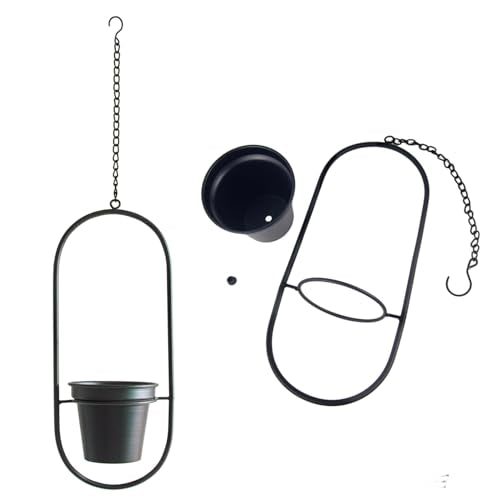 Modern Metal Hanging Planters with 5 Inch Pots - Set of 2 Oval Geometric Plant Hangers - Black Wall and Ceiling Mount Flower Holders for Indoor and Covered Outdoor Houseplants - size: OVAL-5 INCH POT