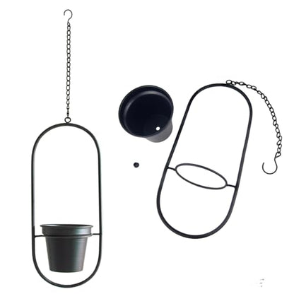 Modern Metal Hanging Planters with 5 Inch Pots - Set of 2 Oval Geometric Plant Hangers - Black Wall and Ceiling Mount Flower Holders for Indoor and Covered Outdoor Houseplants - size: OVAL-5 INCH POT