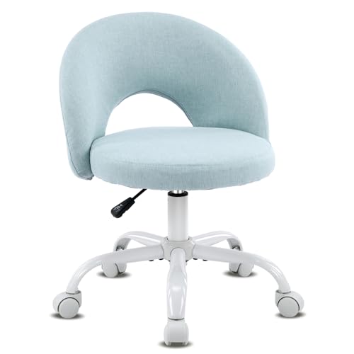 VINGLI Small Vanity Chair with Wheels for Girls.Cute Modern Adjustable Height Armless Office Desk Chair.360°Swivel Comfy Rolling Chair for Study, Make up Room,Small Space,Linen Light Blue - color: Linen Light Blue