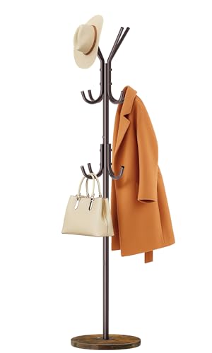 MISSLO Heavy Duty Coat Rack Freestanding with Stable Wood Base Modern Coat Tree with 12 Hooks Adjustable Coats Hanger Stand Stylish Standing Clothes Tree for Entryway Bedroom Corner Hall (Brown) - color: Brown