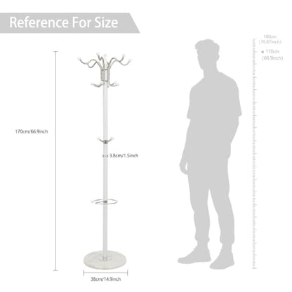 Coat Rack for Entryway, Freestanding Coat Rack, White Coat Rack with Marble Base, 3-Tier Hooks Umbrella Holder, Heavy Duty 33 lbs Capacity, for Hallway Bedroom Living Room