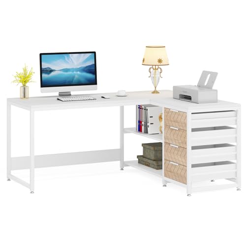 LITTLE TREE 59-Inch L Shaped Desk with Drawers, Large Computer Desk with Storage Shelves, Reversible L-Shaped Corner Desk Workstation for Home Office - color: White