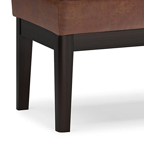 SIMPLIHOME Carlson Ottoman Bench - 45 inch Wide Upholstered Vegan Leather Rectangle Ottoman in Distressed Saddle Brown, Mid Century Modern Bench for Bedroom or Living Room with Padded Seat - color: Brown, style: Ottoman Bench
