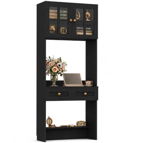 Besiost Farmhouse Desk with Glass Hutch, Small Writing Study Desk with Drawers, Multi-Function Desk for Home Office, Bedroom, Kitchen, Black (27.6" L × 11.8" D × 80" H) - color: Black, size: 27.6"