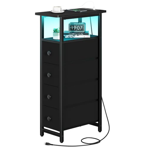 Yoobure LED Narrow Nightstand with Charging Station - Slim Dresser for Bedroom Narrow Side Table Storage Cabinet, Small Dressers Chest of Drawers, Tall Skinny Night Stand End Table for Small Spaces - color: Deep Black
