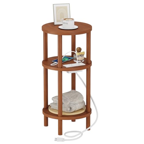 LUCKNOCK Small Round Side Table with Charging Station, 3-Tier Solid Wood End Table, Narrow Compact Sofa Bedside Table for Small Spaces, Easy Assembly for Living Room, Bedroom, Apartment (Walnut) - color: Walnut