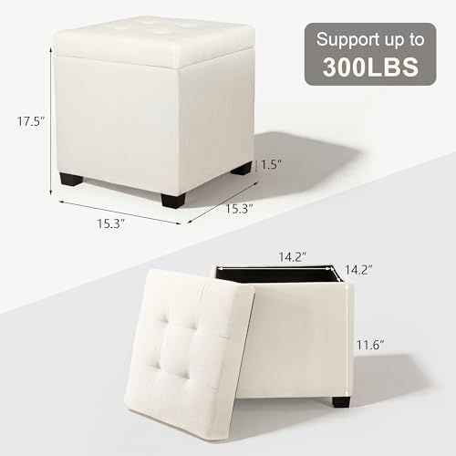 15 inch Square Storage Ottoman with Tray Lid,Modern Tufted Fabric Cube Coffee Table with Storage,Upholstered Ottoman with Removable Top for Living Room, Bedroom - color: Cream White With Tray