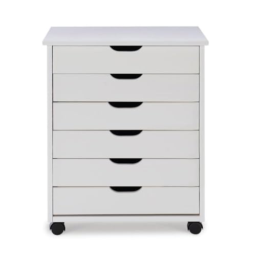 Linon Callie Multipurpose Six Drawer Dresser Wide Wood Rolling File Cabinet Storage Cart in White Wash