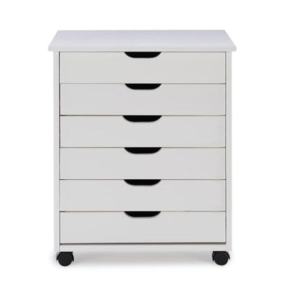 Linon Callie Multipurpose Six Drawer Dresser Wide Wood Rolling File Cabinet Storage Cart in White Wash