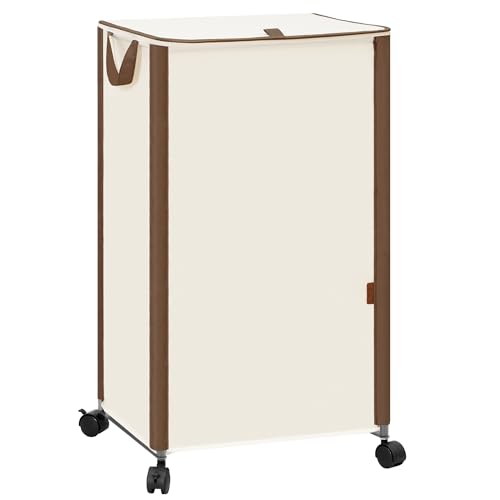 STORAGE MANIAC Rolling Laundry Hamper with Lid, 23.7 Gal (90 L) Large Tall Laundry Basket with Wheels & Handles, Aesthetic Dirty Clothes Hamper for Small Space, Dorm, Apartment, College, Beige - color: Beige