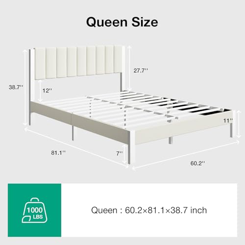 Novilla Queen Bed Frame with Piano Keys Headboard and Footboard, Metal Platform Bed Frames Queen Size, No Box Spring Needed, Easy Assembly, Steel Slats Support, Velvet White - color: White, size: Queen