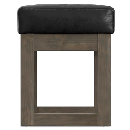 SIMPLIHOME Milltown 27" Wide Vegan Leather Rectangle Ottoman in Black | Distressed black, contemporary ottoman with a cushioned seat for bedroom seating; footstool, footrest or bench. - color: Distressed Black, style: Small Ottoman Bench