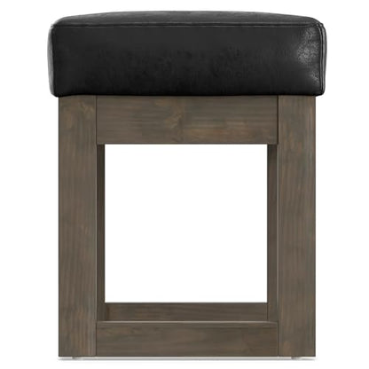 SIMPLIHOME Milltown 27" Wide Vegan Leather Rectangle Ottoman in Black | Distressed black, contemporary ottoman with a cushioned seat for bedroom seating; footstool, footrest or bench. - color: Distressed Black, style: Small Ottoman Bench