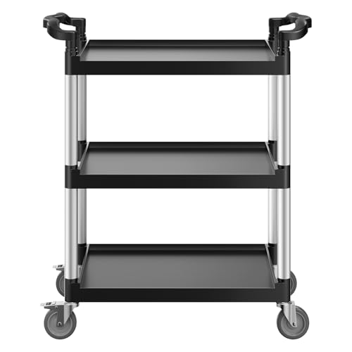 VEVOR Utility Cart, 300 lbs Load Capacity, 3-Tier Utility Plastic Cart with 360° Swivel Wheels (2 with Brakes), 24.4 x 16.1-inch Food Service Cart for Warehouse, Office, Home, Restaurant, Kitchen | Utility Cart Equipped with Brake Casters, Multi-Purpose S