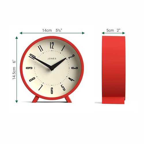 JONES CLOCKS® Venus Desk Clock | Modern Round Design | Red | Stylish Retro Look for Shelf, Table, Mantel or Bedside - color: Engine Red