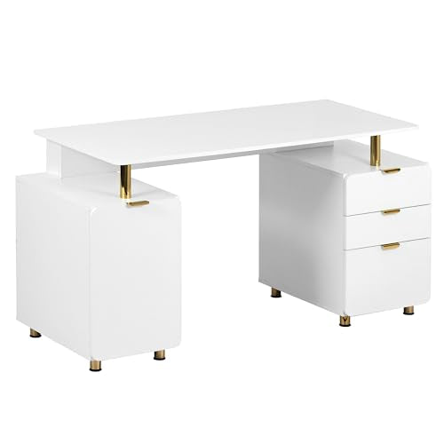 Techni Mobili 57"W Computer Desk w/ 3 Drawers & Storage Cabinet, White/Gold | Home office workstation, durable construction, everyday productivity, Ideal for home office, Workspace organization - color: White,gold