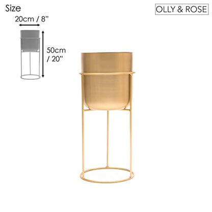Olly & Rose Matt Metal Plant Pot with Gold Plant Stand - Tall 20 Inch Height Large Plant Pot Indoors with Stand - Large Decorative Planter