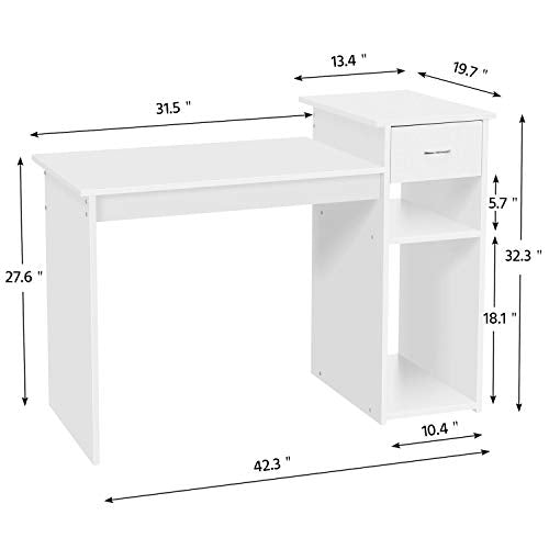 Yaheetech White Computer Desk and Chair Set with Drawer, Shelves, Mesh Seat | Particle Board and MDF Build a Sturdy Desk with a Drawer and Elevated Platform, Paired with a Mesh Chair for Adults. - color: White