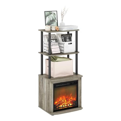 Furinno Turn-N-Tube 2-Tier Tall TV Entertainment Side Table Display Rack with Fireplace Insert, French Oak Grey/Black - color: French Oak Grey, size: Fireplace Side Table