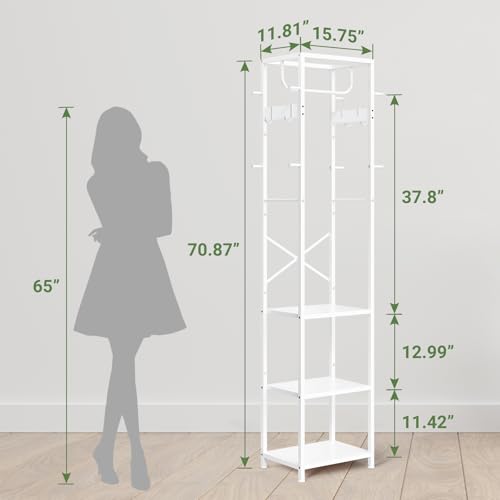ELYKEN Coat Rack Freestanding, Hall Tree with 3 Shelves and 12 Hooks, White | Industrial Metal Frame, Space-Saving Design, Clothes Rack Stand Organizer for Bedroom, Hallway, Entryway, Office, Living Room - color: White
