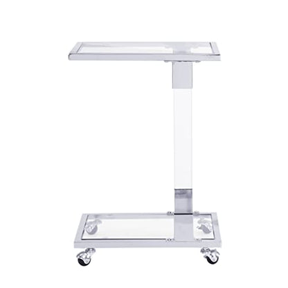 Clear Sofa Side Table C Shaped End Table with Wheels, Rolling Acrylic Bedside Laptop Snack Table TV Tray, Mobile Breakfast Tray Table with Tempered Glass Shelves and Clear Acrylic Frame - color: Acrylic Clear, Silver