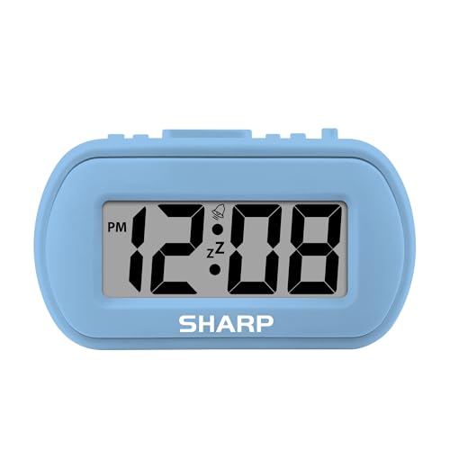 Sharp Battery Alarm Clock with Soft-Touch Case and Backlight, Light Blue | Soft-touch rubberized case; Battery operated; Blue backlight on demand; Ascending alarm; Snooze; Easy to use - color: Blue