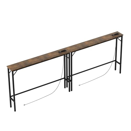 Aduanbang 78.7 inch Narrow Console Table with Outlet, Sofa Table Set of 2, Behind Couch Table, Long Entryway Tables with Charging Station, for Living Room, Rustic Brown - color: Rustic Brown, size: 5.9"D x 78.7"W x 30"H