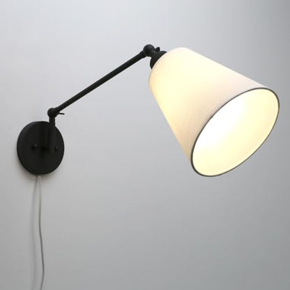 Retro Swing Arm Wall Sconce Plug in Wall Lamp Black Single Sconce with White Fabric Shade Wall Light Fixture for Bedroom Living Room Office - color: Black