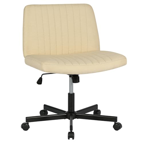 FDW Criss Cross Chair with Wheels Cross Legged Office Desk Modern Swivel Height Adjustable Wide Seat Computer Task Vanity Chair Comfy Fabric Armless Seating for Home Office - color: Beige, style: With Wheels