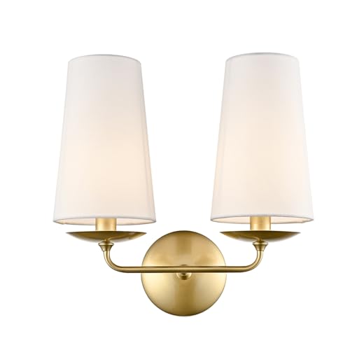 Moose Modern Gold 2-Light Wall Sconces Hardwired Brass Double Sconce with Fabric Shade for Bedroom, Fireplace, Staircase, Bathroom, Hallway - color: Gold, size: 1-Pack | 2-Light