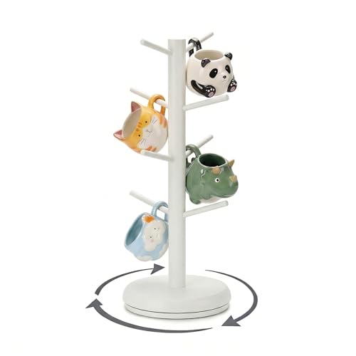 BAMBANG Mug Holder, 360° Rotating Mug Tree Holds 8 Coffee Cups, Space Saving Mug Stand with Stable Base for Kitchen Coffee Bar - color: White