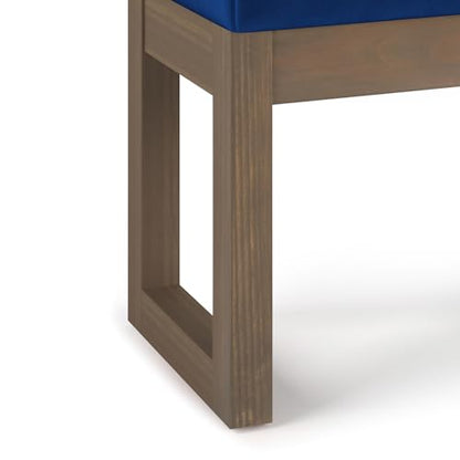 SIMPLIHOME Milltown 27" Wide Velvet Rectangle Ottoman in Blue | Blue, contemporary velvet ottoman with a cushioned seat for extra seating in the bedroom; footstool, footrest or pouf. - color: Blue, style: Small Ottoman Bench