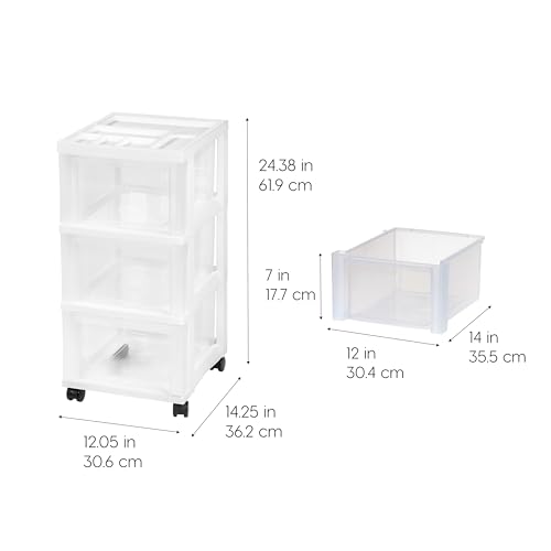 IRIS USA 3-Drawer Rolling Storage Cart, White/Clear | Keep classroom supplies, teacher essentials, craft materials, and learning tools organized with easy-access drawers. - size: 3 Drawer