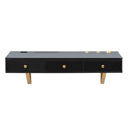 47" Floating Shelf with Drawer, Multi-Purpose Wall-Mounted Vanity Table, Mounted Desk, Floating Table for Bedroom, Bathroom, Hairdressers, Black and Golden (Black + MDF+Glass + 3 Drawers)