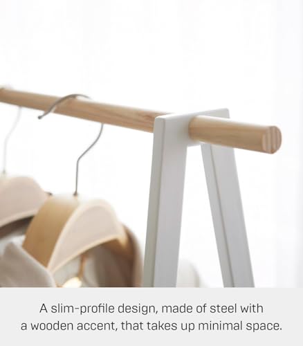 YAMAZAKI Home Freestanding Coat Hanger Clothes Rack with Shelf Steel One Size White | Freestanding coat hanger features a steel frame and bottom shelf. Space-saving vertical organization. Easy to assemble. - color: White