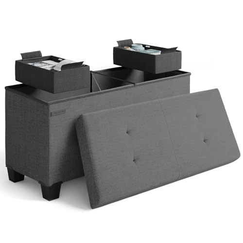 Storage Ottoman Bench with Bins, 30-in Storage Bench for Bedroom End of Bed, Folding Foot Rest Ottoman for Living Room Max 660lbs, Fabric Ottomans, Grey