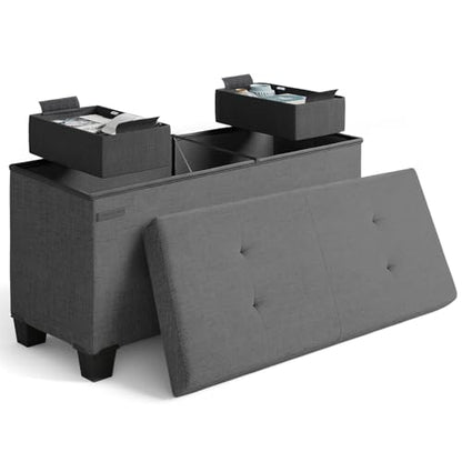 Storage Ottoman Bench with Bins, 30-in Storage Bench for Bedroom End of Bed, Folding Foot Rest Ottoman for Living Room Max 660lbs, Fabric Ottomans, Grey