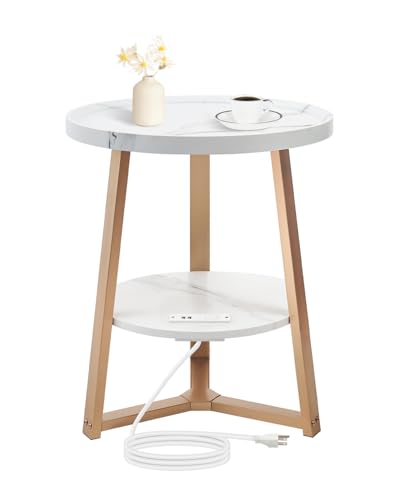 KJGKK Round End Table with Charging Station, 19.7" Dia x 23.63" H, Side Table with Storage Shelf, for Living Room, Bedroom, Faux Marble Top, Gold & White - color: Gold + White