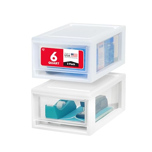 IRIS USA 2-Pack, 6 Qt. Small Stacking Drawer Storage Organizer, White | Keep craft supplies, accessories, office items, and small essentials organized around your home for easy everyday storage - size: 6 Qt., style: 2 Pack