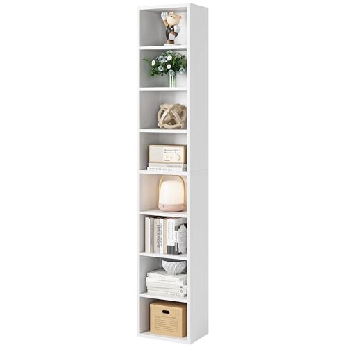 Bamjoy 71 Inches Tall Narrow Bookshelf, 8-Tier CD DVD Slim Media Tower Rack, Corner Bookcase with Adjustable Shelves, Skinny Cubes Bookshelves for Home Office Small Space, White - color: White