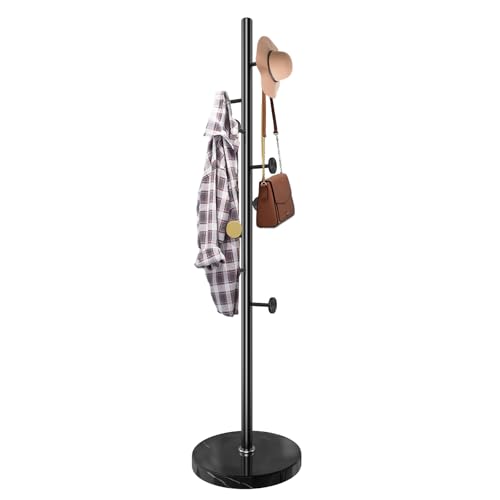 Coat Rack Stand,Black Metal Coat Rack Freestanding with 8 Hooks | Modern Coat Rack with Natural Marble Base,Coat Hanger Stand, 3 Adjustable Coat Clothes Tree Stand for Office - color: Black-8Hooks