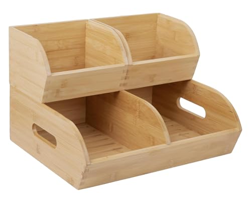 Potato and Onion Storage Bin for Pantry and Kitchen Counter - Ventilated Stackable Bamboo Organizer Baskets with Handles