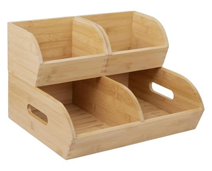 Potato and Onion Storage Bin for Pantry and Kitchen Counter - Ventilated Stackable Bamboo Organizer Baskets with Handles