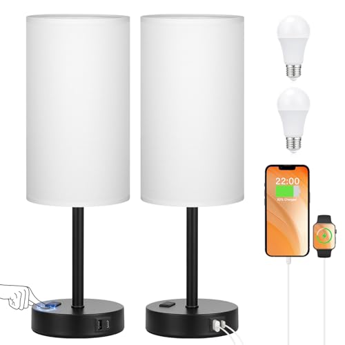 Touch Bedside Table Lamps Set of 2 - Bedroom Lamp with USB A+C, AC Outlet | 3-Way Dimmable, LED Bulb Included, White Fabric Lampshade, Matte Black Metal Base & Pole,17" Tall Nightstand Lamp for Desk - color: White Shade Black Base, size: 17.4In